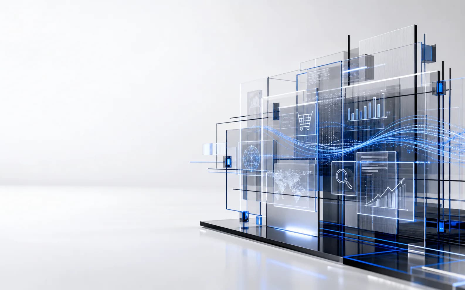 A luminous glass-and-data environment connecting commerce, customer, market, and operating signals