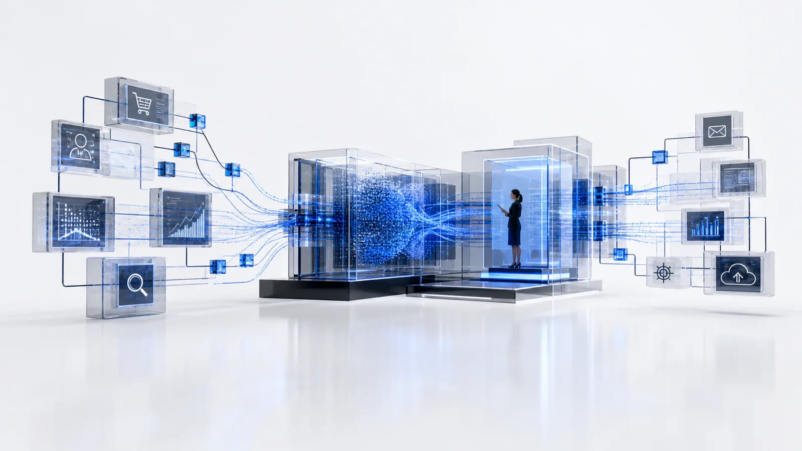 Customer, commerce, search, analytics, and content signals passing through an AI orchestration system with a human approval point