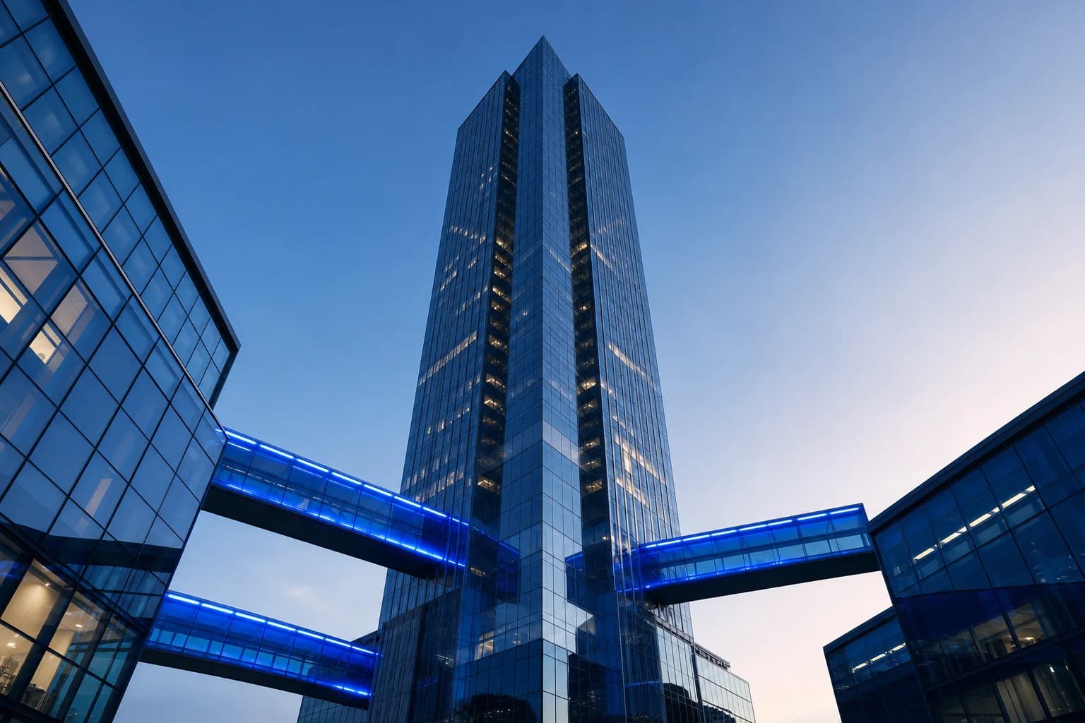 Conceptual glass-and-steel tower with connected cobalt bridges representing cross-functional leadership