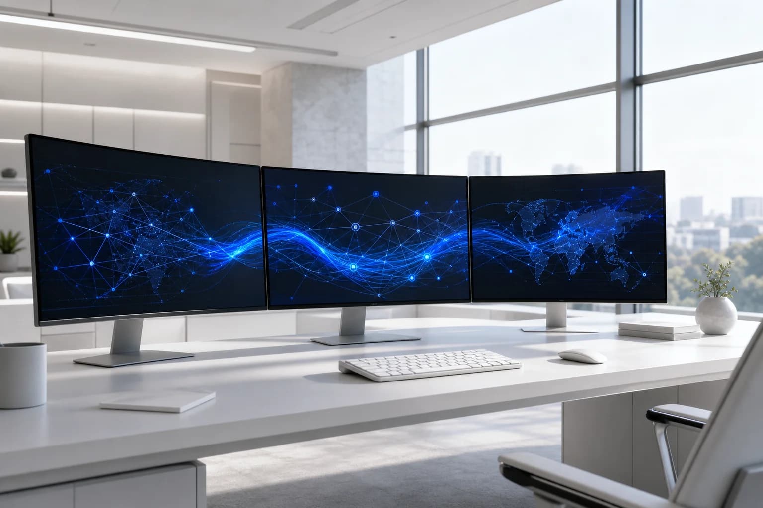 Conceptual workspace with connected screens representing cross-functional and cross-market coordination