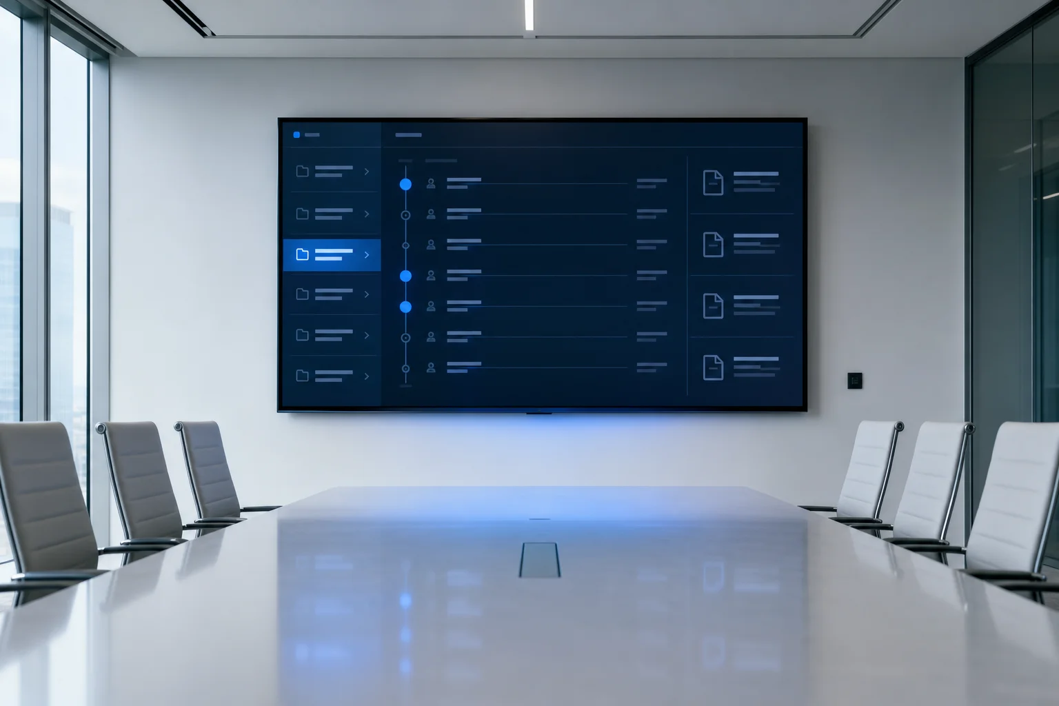 A modern executive boardroom prepared for operating review, decision ownership, and implementation planning