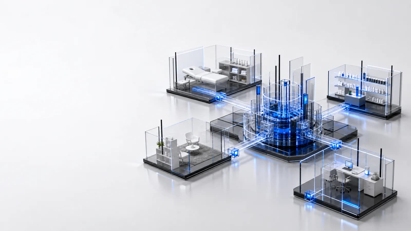 Spa, wellness, retail, and professional partner environments connected to a central growth hub