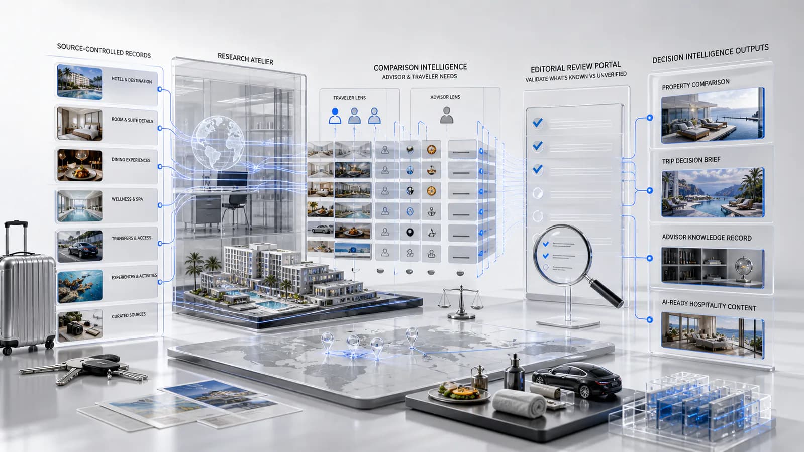Hotel, destination, room, dining, wellness, access, and experience records becoming reviewed travel decision intelligence