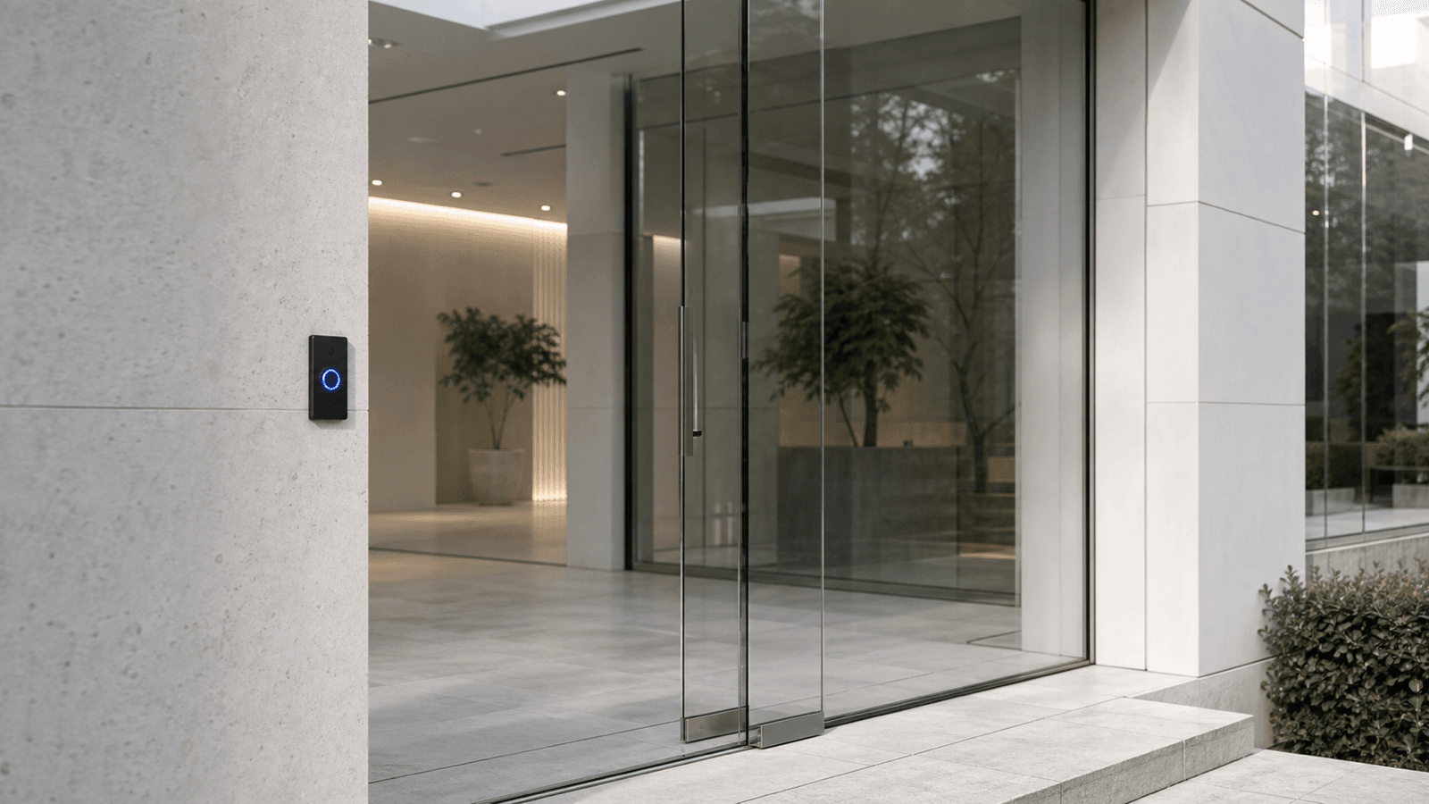 A minimalist glass building entrance with a single cobalt-lit doorbell beside the door