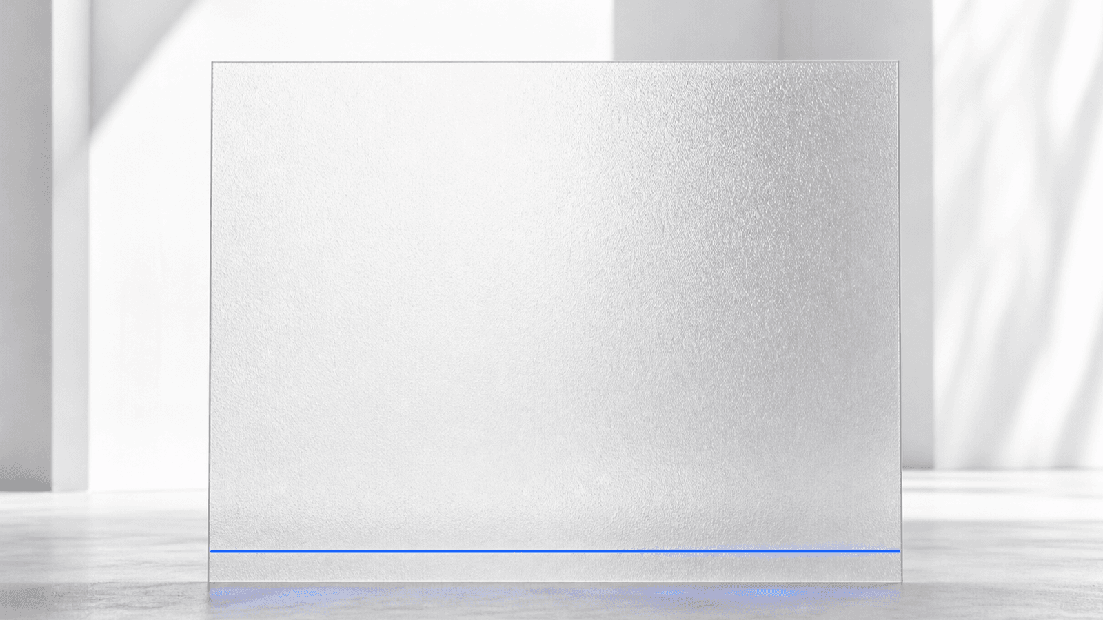 A single sheet of textured frosted glass, evenly backlit, with a thin cobalt light line near its base