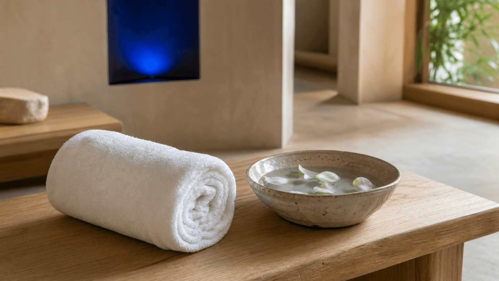 A spa treatment bench with a rolled towel and a ceramic bowl of water and petals, lit by a soft cobalt glow from a recessed wall niche