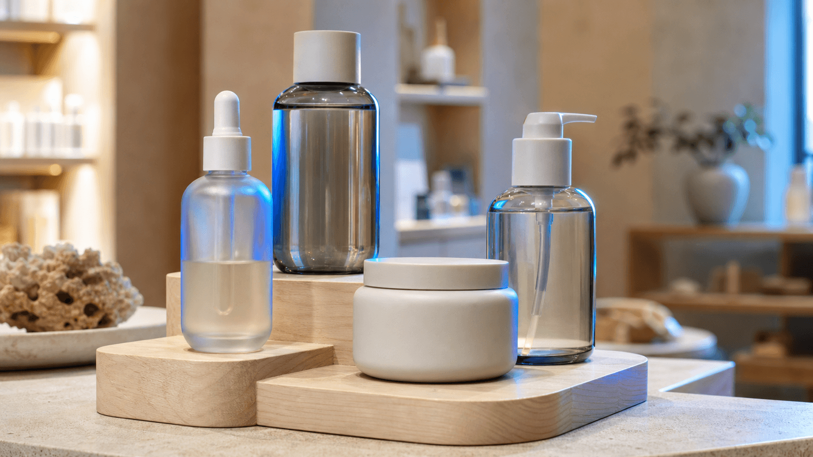 Realistic premium product bottles and jars staged on a tiered light-wood retail display, one rim-lit in cobalt blue