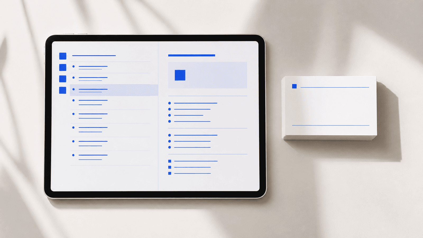 An iPad displaying a wireframe article layout beside a small stack of blank notecards, warm dappled daylight