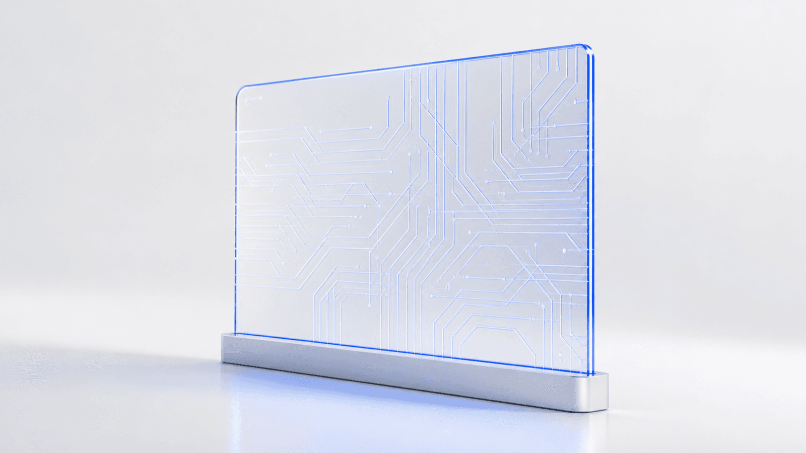 A translucent panel etched with a fine circuit-like pattern, backlit in cobalt blue, mounted upright on a stand
