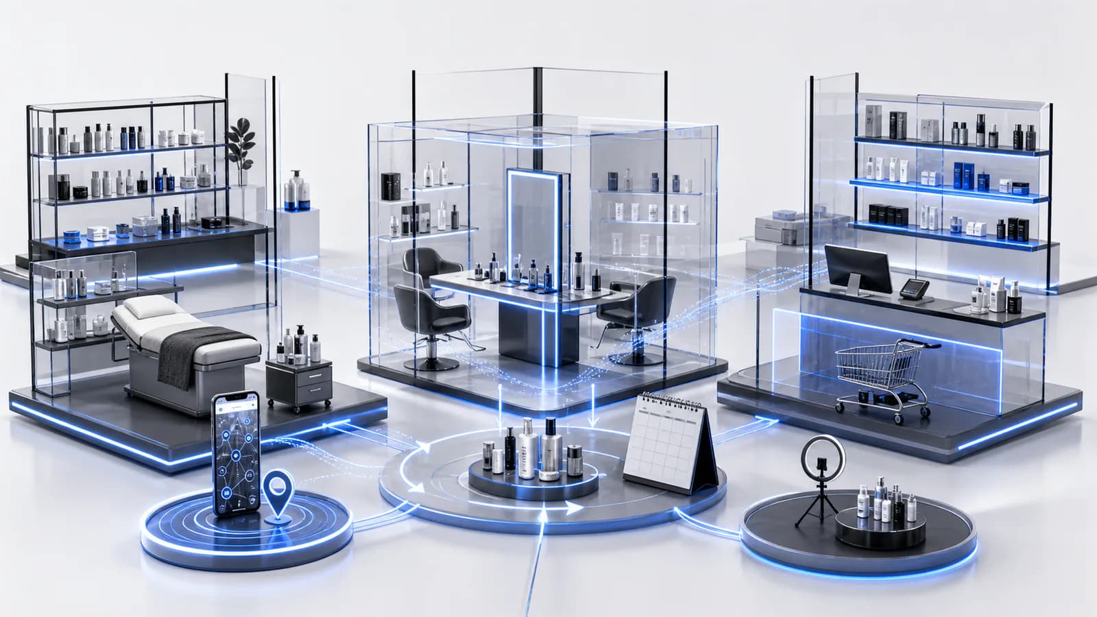 Professional education studio connected to spa service, retail, ecommerce, rebooking, local search, and consumer content