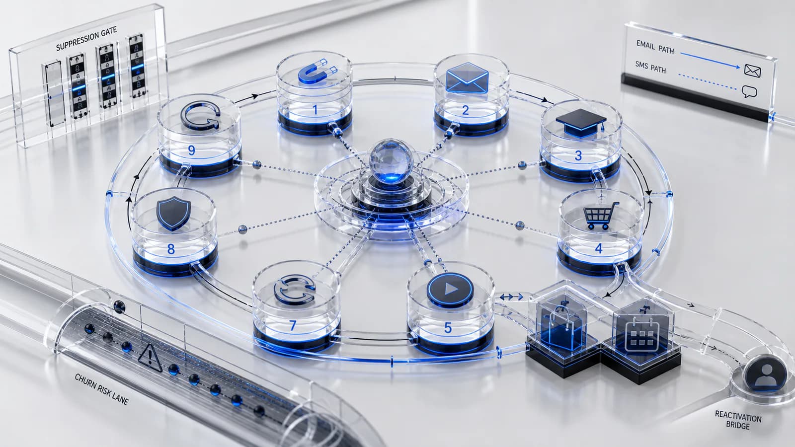 Nine-stage customer lifecycle with email and SMS paths, suppression gates, churn risk, rebooking, and reactivation