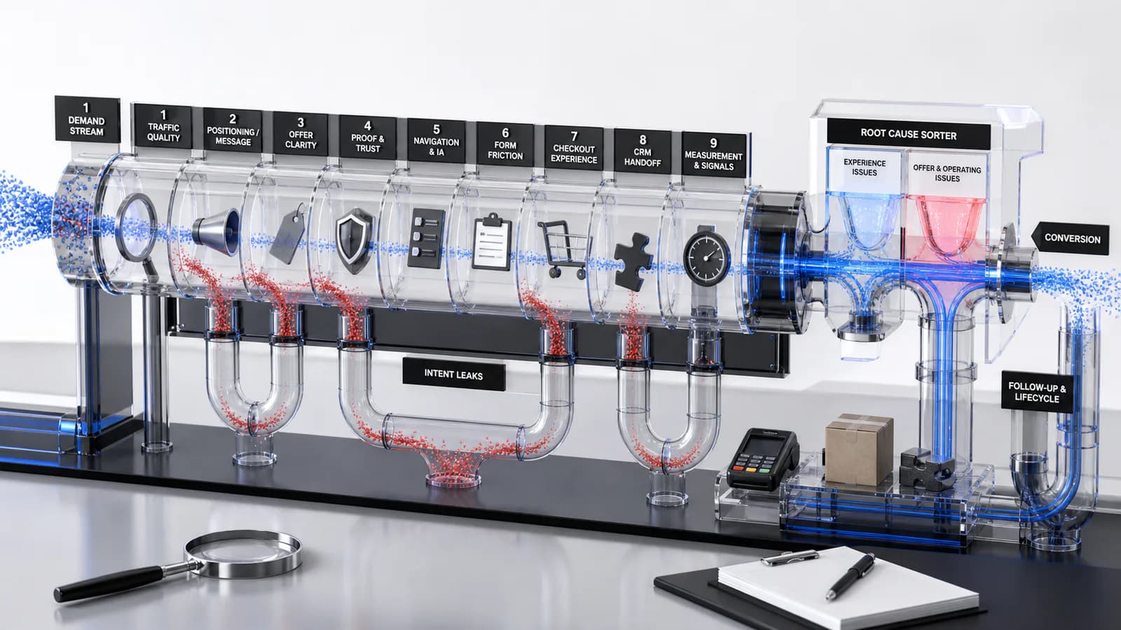 Demand passing through nine conversion diagnostics with visible intent leaks, root-cause sorting, repair, and lifecycle follow-up