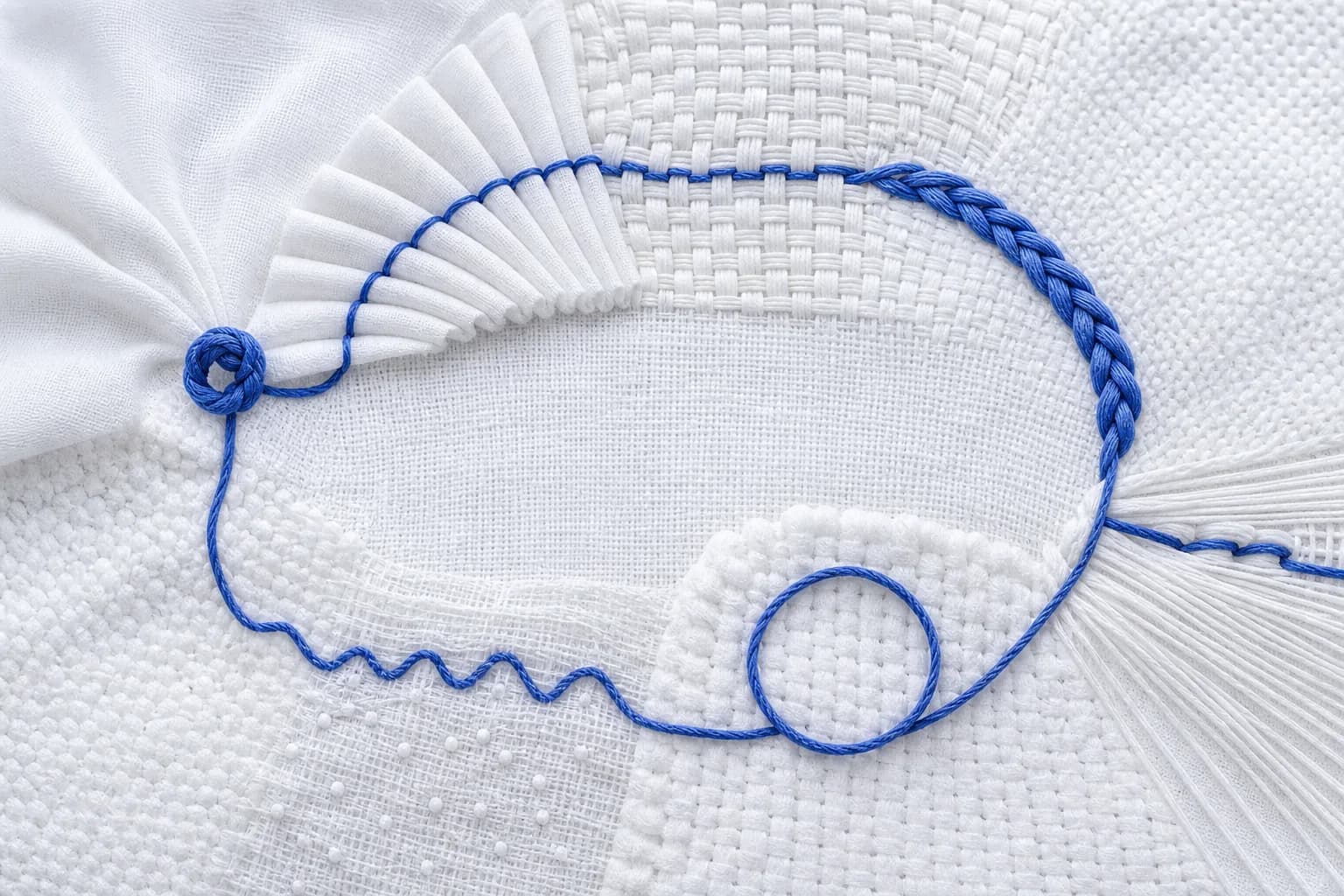 Cool-white textile lifecycle with consultation knot, education pleats, service weave, conversion braid, replenishment feed, rebooking loop, and cobalt reactivation pulse
