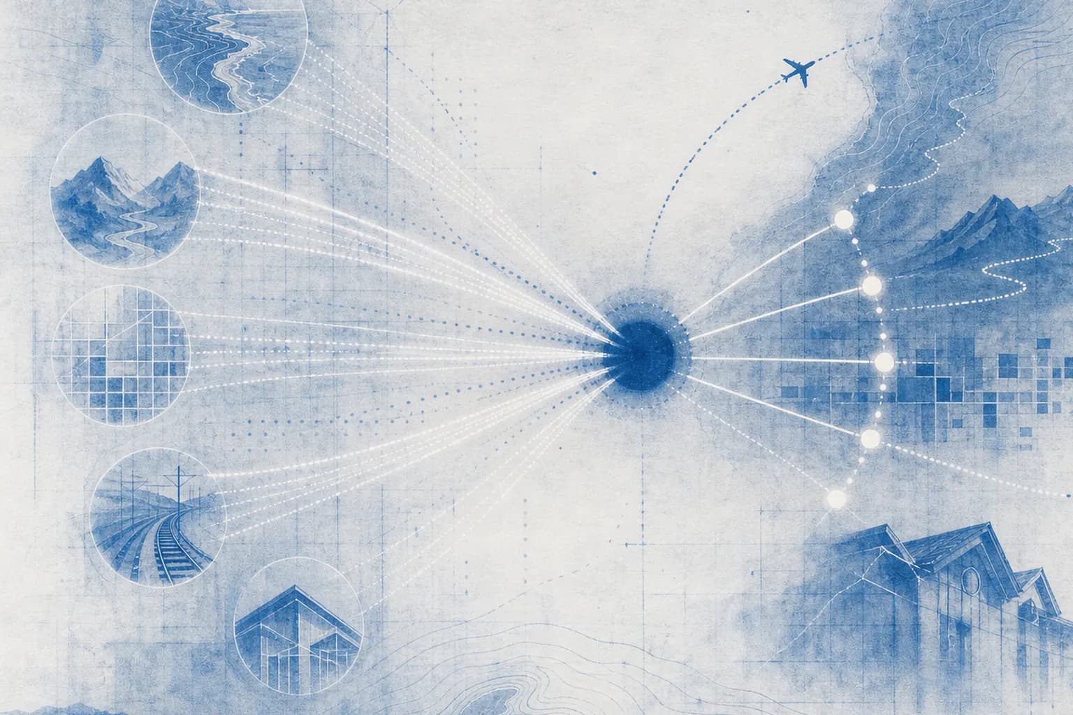Cyanotype travel entities including coast, mountains, city blocks, rail, flight, and lodging converging through a retrieval aperture into traceable citation rays